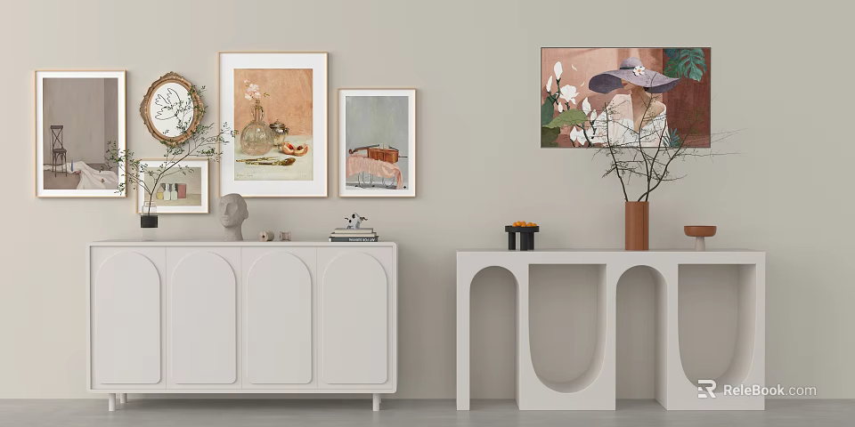 Modern White Entryway Cabinet and Side Cabinet With Framed Artworks Decorative Items and Branch Vase 3d model 