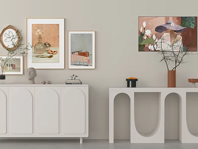 Modern White Entryway Cabinet and Side Cabinet With Framed Artworks Decorative Items and Branch Vase 3d model