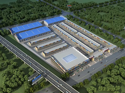 Commercial Street With Multiple Buildings Blue Roofs Surrounding Green Trees And Connected Roads 3d model