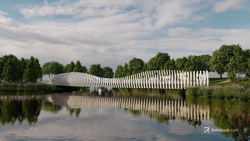 Scenic Wavy White Landscape Bridge Over Water With Reflection And Green Trees 3d model 