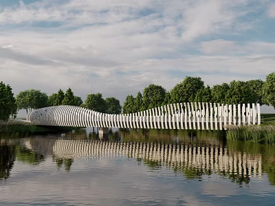 Scenic Wavy White Landscape Bridge Over Water With Reflection And Green Trees 3d model