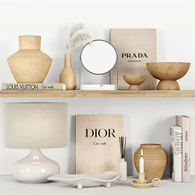 Elegant Decorative Ornament Set With Clay Vases Round Mirror Table Lamp And Brand Books 3d model