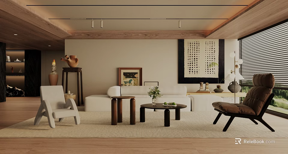 Modern Living Room Interior With Wooden Ceiling White Sofa And Decorative Elements 3d model 