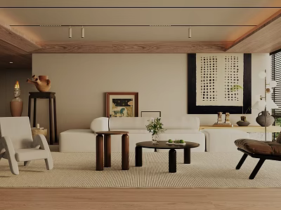 Modern Living Room Interior With Wooden Ceiling White Sofa And Decorative Elements 3d model