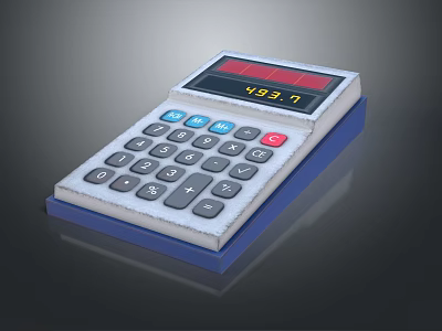 Vintage Calculator With Digital Display Showing 483.77 And Blue Buttons On Reflective Surface 3d model