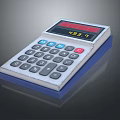 Vintage Calculator With Digital Display Showing 483.77 And Blue Buttons On Reflective Surface