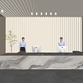 Modern Reception Desk With Marble Countertop Vertical Slat Wall Staff Working And Modern Lighting