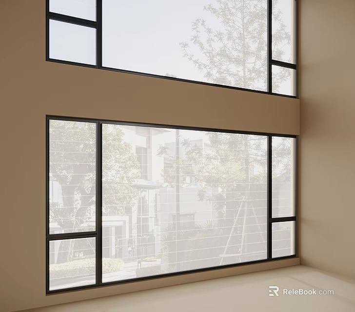 Scenic Modern Casement Windows with Black Frame and Clear Glass Overlooking Trees and Buildings 3d model 