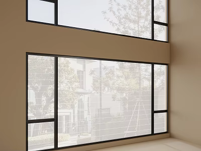 Scenic Modern Casement Windows with Black Frame and Clear Glass Overlooking Trees and Buildings 3d model