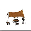 Outdoor Camping Furniture With Wooden Table Chairs Barrels Under Canvas Tent Setup