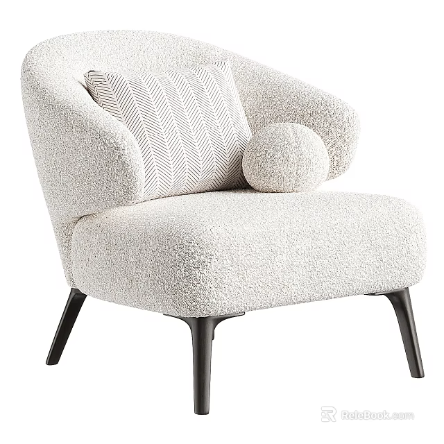 Cozy Fluffy Cream Accent Chair With Striped Cushion Round Pillow And Black Metal Legs 3d model 
