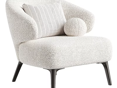 Cozy Fluffy Cream Accent Chair With Striped Cushion Round Pillow And Black Metal Legs 3d model