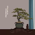 Elegant Pine Bonsai in Green Ceramic Pot with Black Decorative Stand and Small Buddha Statue