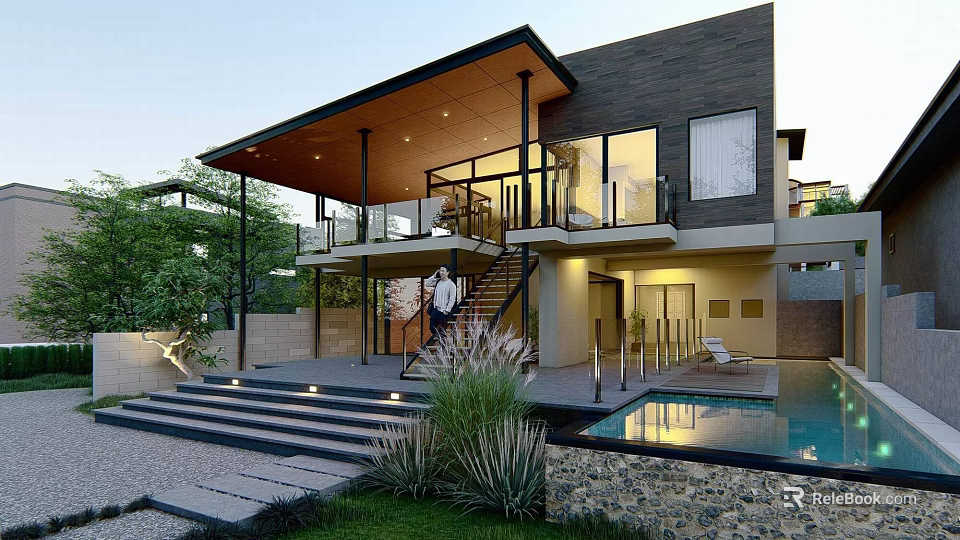 Modern Detached Villa With Large Windows Balcony Swimming Pool And Lush Greenery 3d model 