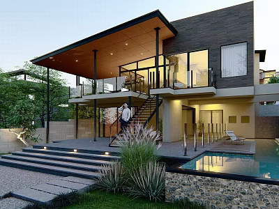Modern Detached Villa With Large Windows Balcony Swimming Pool And Lush Greenery 3d model