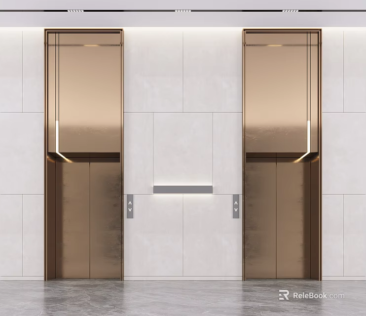 Sleek Modern Elevator Doors With Golden Metallic Finish And Light Marble Wall Design 3d model 