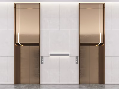 Sleek Modern Elevator Doors With Golden Metallic Finish And Light Marble Wall Design 3d model