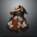 Man In Traditional Costume Wide Brim Hat Curly Hair Red White Tunic Cloak Gray Background
