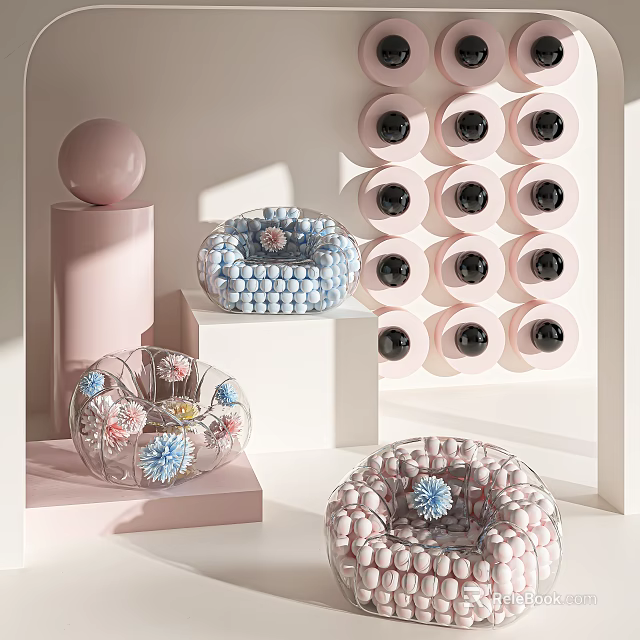 Modern Luxury Transparent Single Sofa With Beaded Decoration And Pink White Sphere Ornaments 3d model 