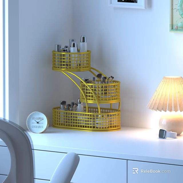 White Dressing Table With Yellow Spiral Storage Rack Holding Cosmetics And Table Lamp 3d model 