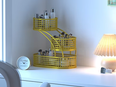 White Dressing Table With Yellow Spiral Storage Rack Holding Cosmetics And Table Lamp 3d model
