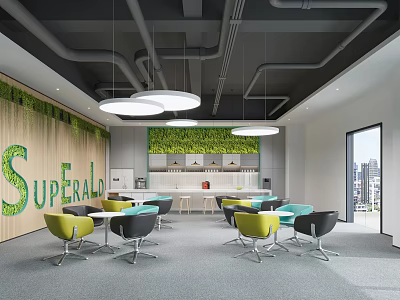 Modern Break Room Interior With Green Plant Wall Circular Pendant Lights And Yellow Gray Chairs 3d model