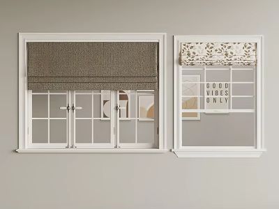 Dark Gray and Patterned Roller Blinds for White Framed Windows with Glass Panes 3d model