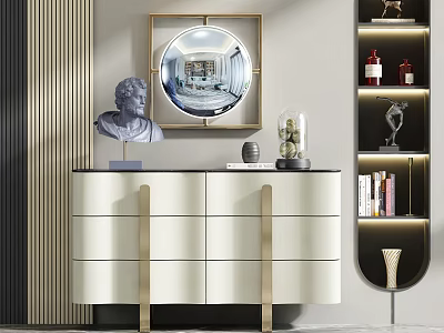 Modern Luxury Console Cabinet And Side Cabinet With Round Mirror And Decorative Sculptures 3d model
