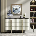 Modern Luxury Console Cabinet And Side Cabinet With Round Mirror And Decorative Sculptures