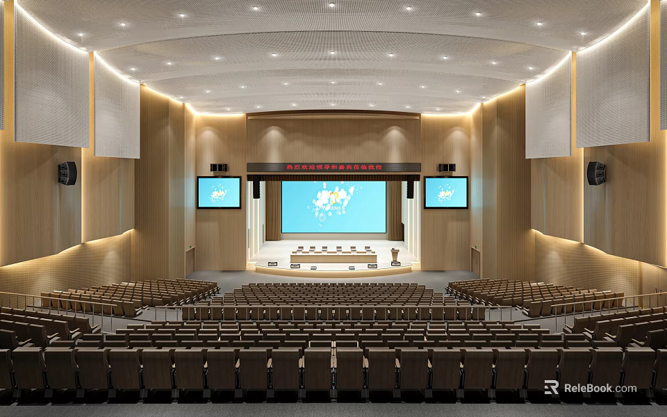 Large Conference Hall Interior With Rows Of Seats Main Screen And Side Displays 3d model 