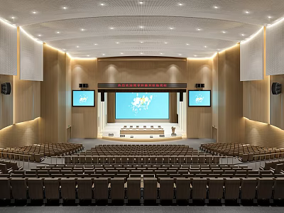 Large Conference Hall Interior With Rows Of Seats Main Screen And Side Displays 3d model