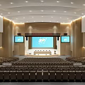 Large Conference Hall Interior With Rows Of Seats Main Screen And Side Displays