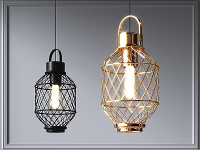 Black And Gold Lantern Style Pendant Lights With Metal Wireframe Design 3d model