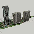 Modern High Rise Office Building With Glass Facade Adjacent Towers And Landscaped Plaza