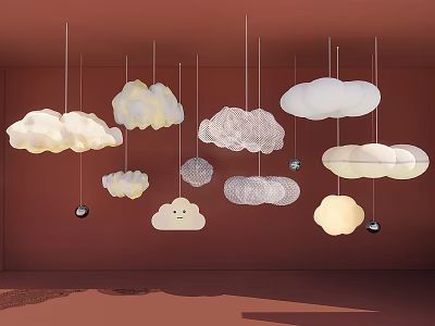 Multiple Cloud Shaped Chandeliers With Various Designs On Red Wall 3d model