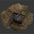 Rusted Garden Cart With Coiled Old Hose On Dirt Surface