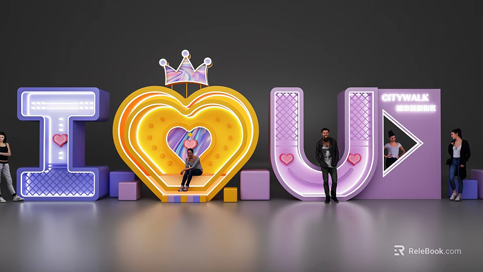 Heart Shaped Neon Sign Photo Spot With Crown Purple Letters CITYWALK And People 3d model 