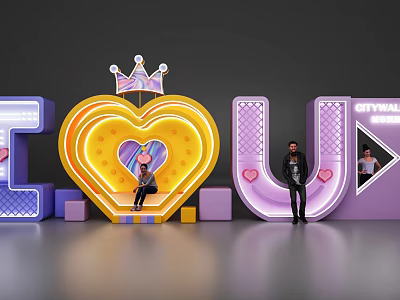Heart Shaped Neon Sign Photo Spot With Crown Purple Letters CITYWALK And People 3d model