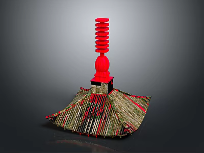 Traditional Architectural Structure With Red Spire And Multi Layered Straw Like Roof 3d model