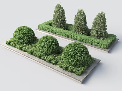 Rectangular Road Green Belt Facilities With Neatly Trimmed Shrubs And Trees 3d model