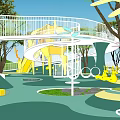 Children's Playground with Yellow Slide Climbing Structures Colorful Ground Surrounded by Trees and White Bridge