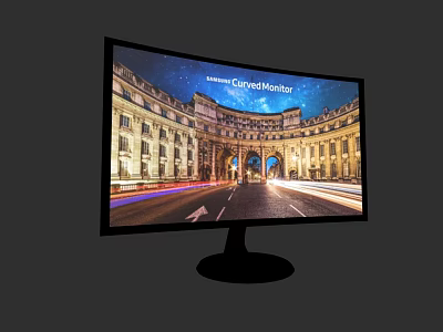 Curved Computer Monitor With UltraWide High Resolution Display Showing City Night Scene 3d model