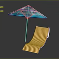 Modern Wooden Outdoor Lounge Chair with Blue and White Striped Umbrella and Reflective Surface