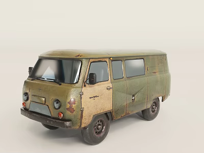 Vintage Green Beige Rusty Van With Classic Design And Weathered Exterior 3d model