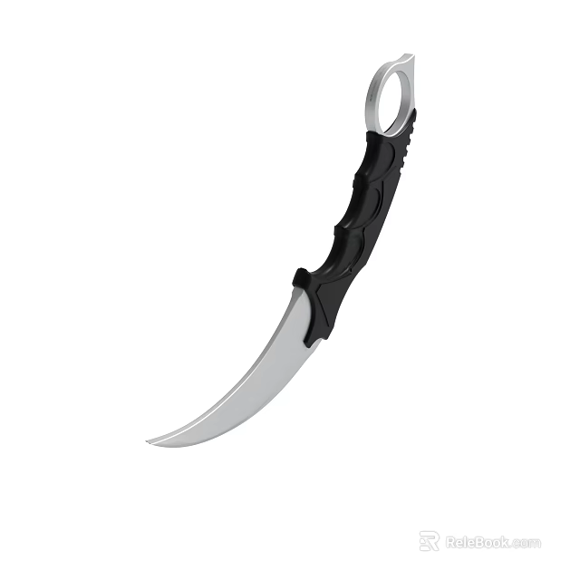 Curved Silver Blade Knife With Black Decorative Handle And Top Ring 3d model 