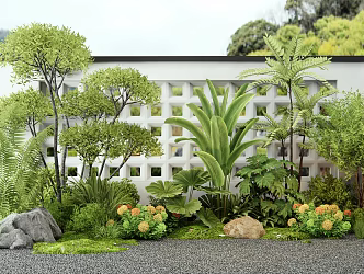 Modern shrub plant combination flower border flowers and plants privet plant pile plant group empty brick wall 3d model