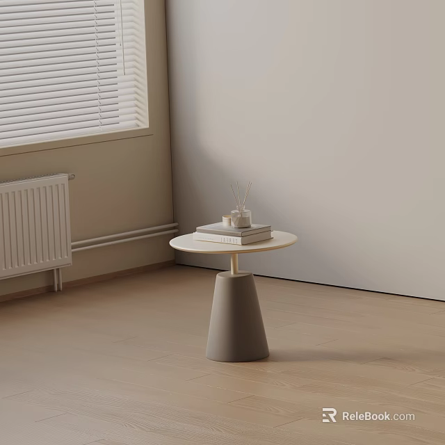 Round Bedside Table Featuring Light Wood Top Gray Base Stack of Books and Aromatherapy Candle 3d model