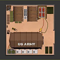 Cartoon US Army Military Camp Scene With Brown Tents Green Crates Yellow Barrels And Fence