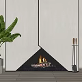Modern Fireplace Featuring Burning Fire Large Green Plant And Fire Tools Against White Wall