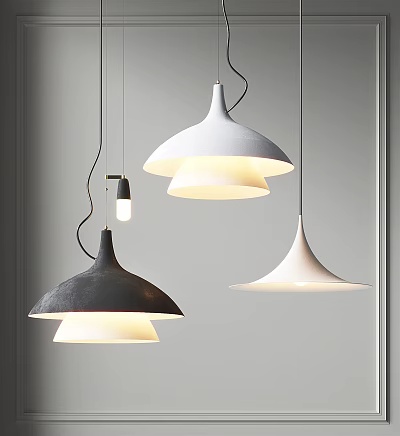 Modern Design Chandeliers With Black And White Conical Shapes And Soft Lighting 3d model